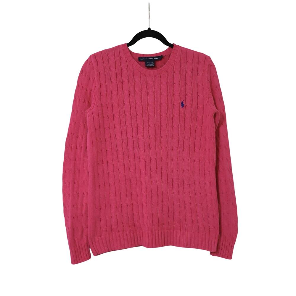 Vintage Ralph Lauren Sport Hot Pink Cotton Cable Knit Sweater M Preppy Church